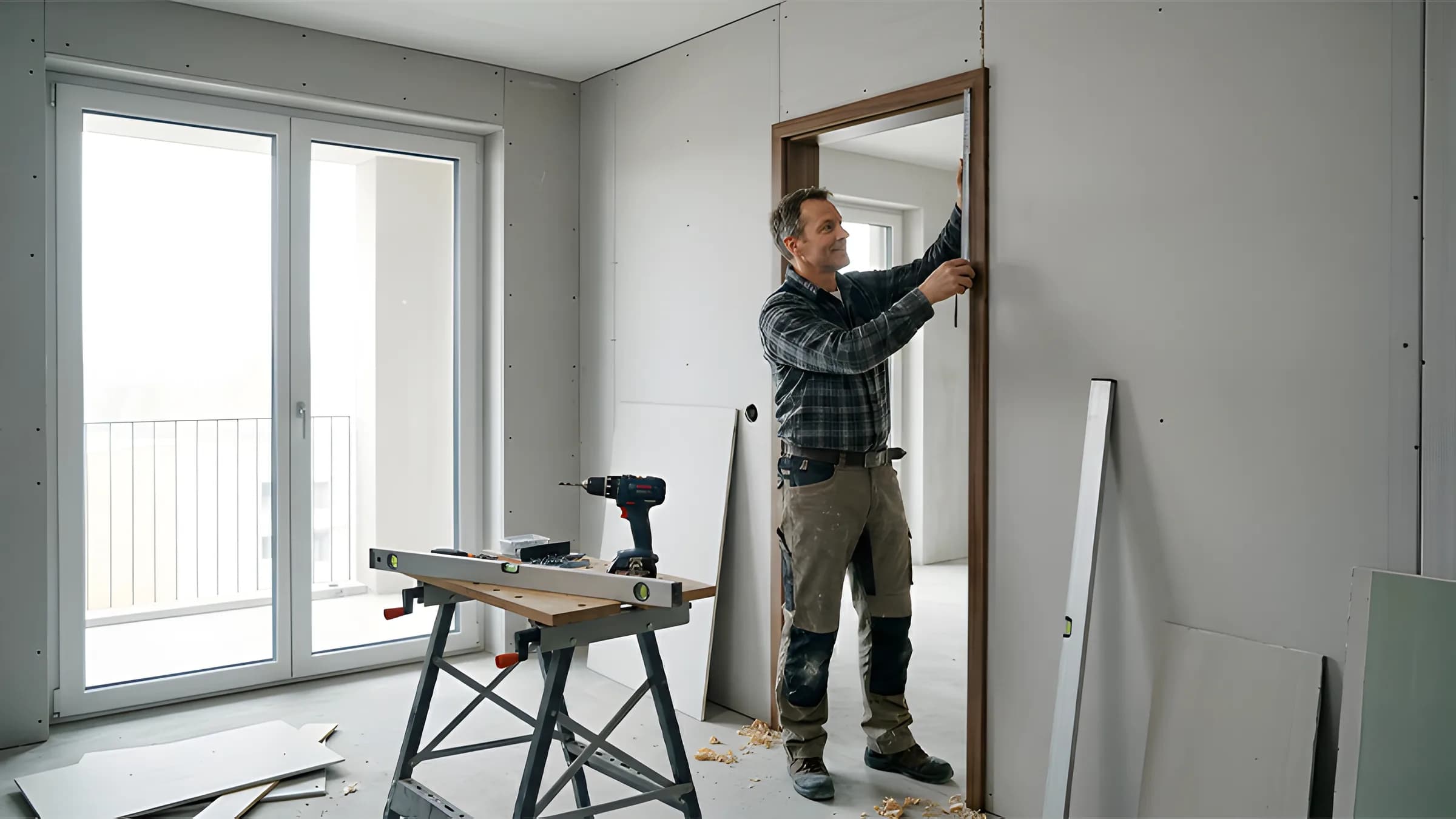 Trockenbauer beim Einbau einer Türzarge auf einer Baustelle