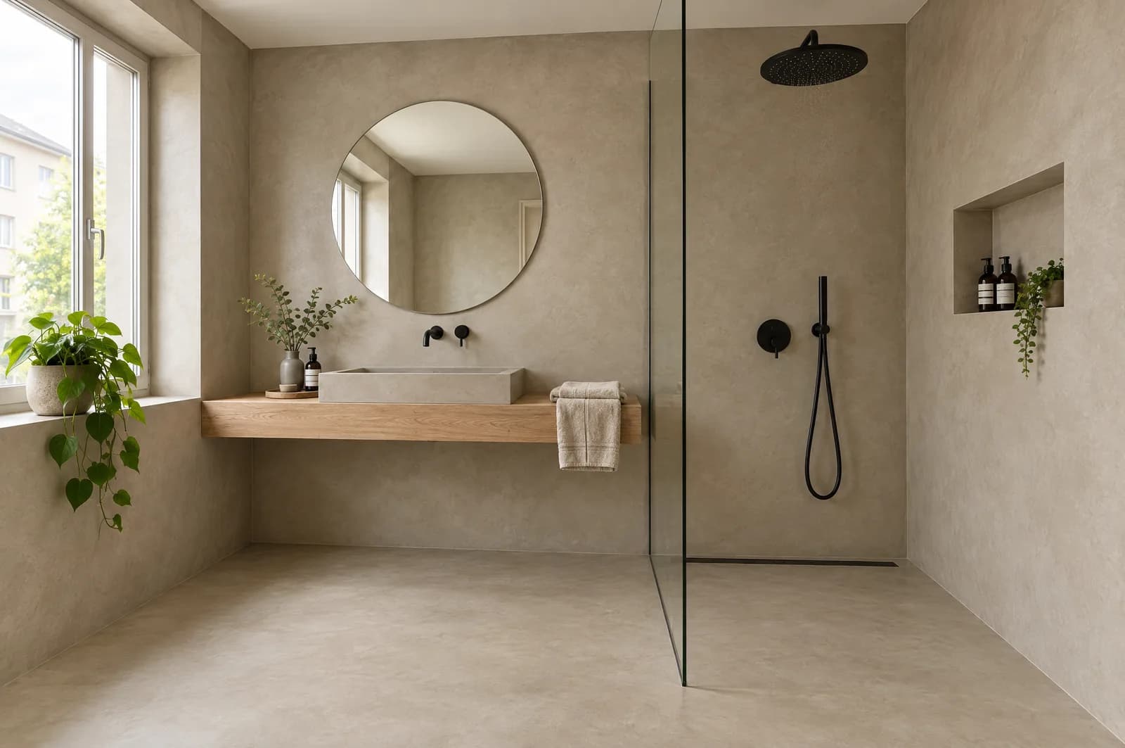 Bad mit fugenlosem Mikrozement an Boden, Wand und bodengleicher Dusche